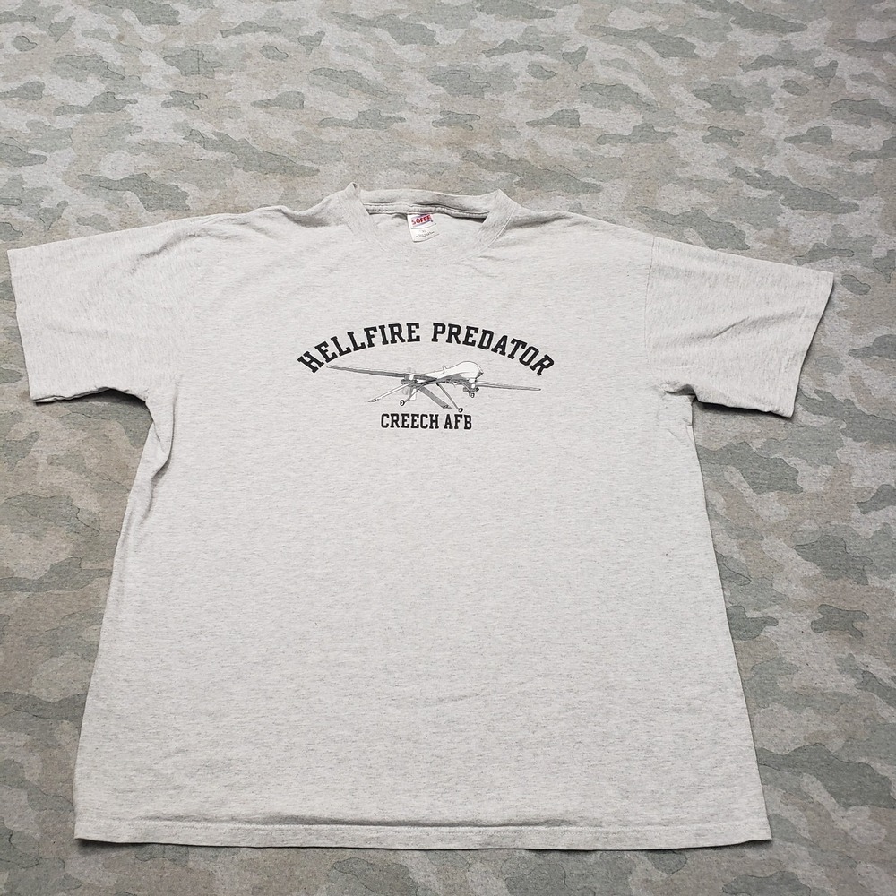 Vintage Soffe Shirt Mens XL Gray Hell Fire Predator Drone Short Sleeve Combat